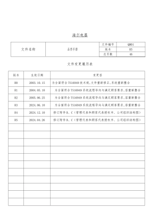 海尔电器公司品质手册范本