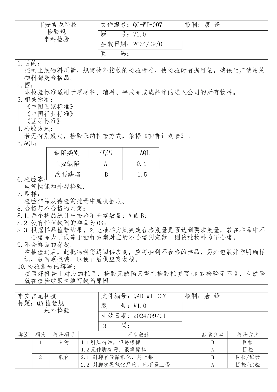 深圳某科技公司来料检验规范标准_第1页