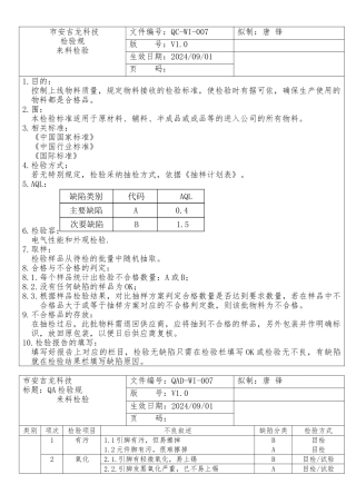 深圳某科技公司来料检验规范标准