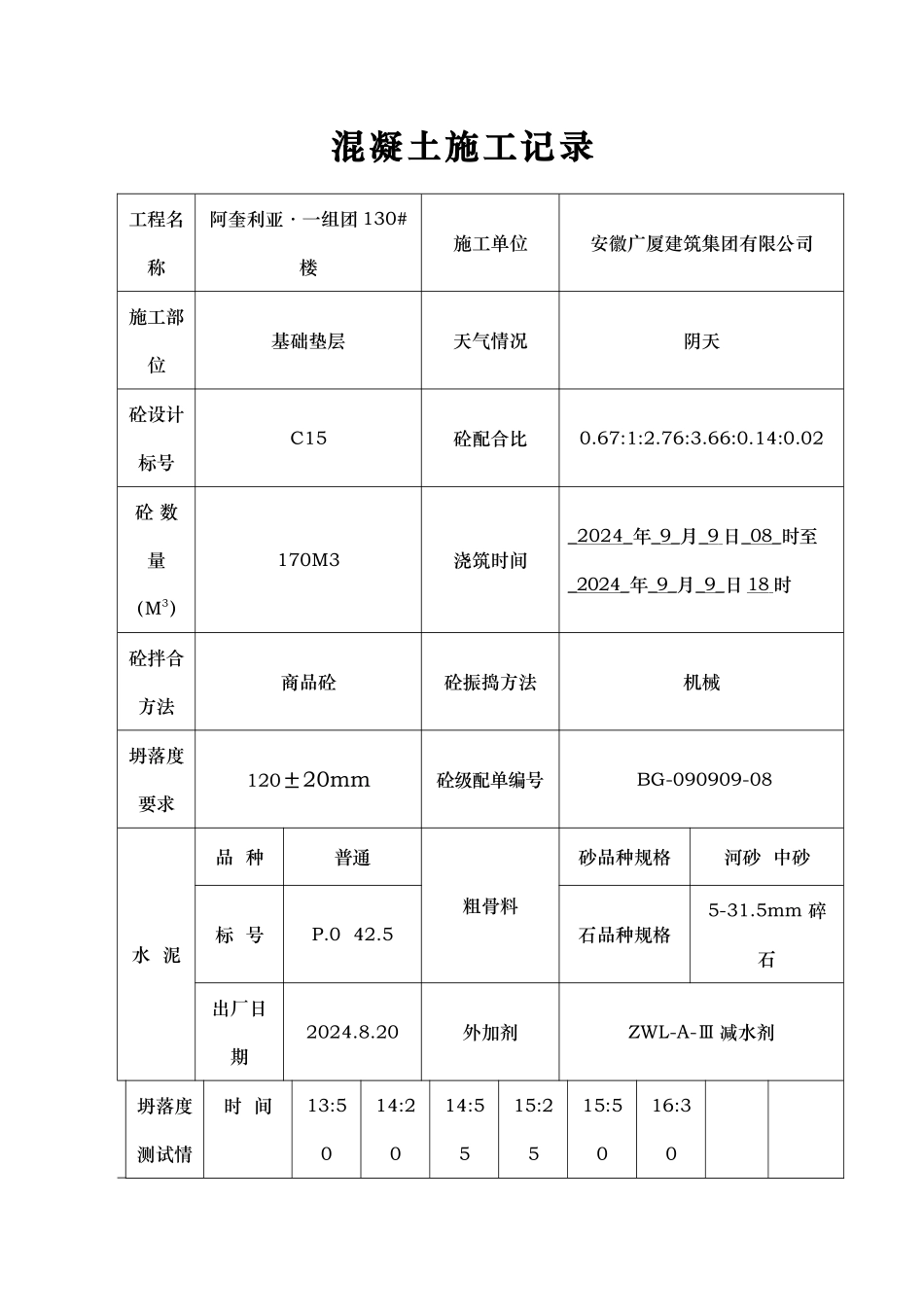 混凝土施工记录文稿表格模板_第1页