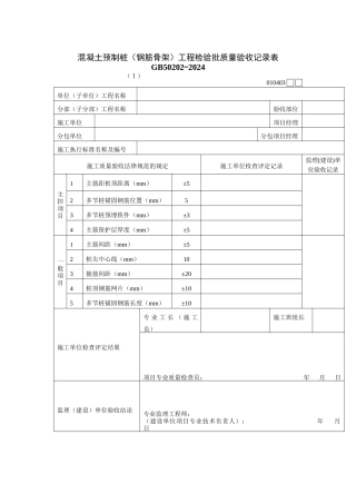 混凝土预制桩（钢筋骨架）工程检验批质量验收记录表