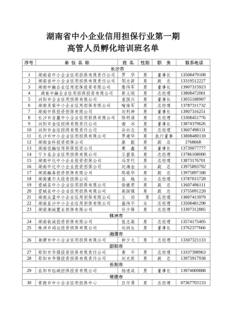 湖南省中小企业信用担保行业第一期高管人员孵化培训班名单-