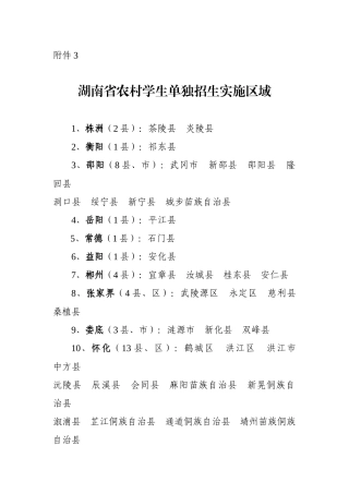 湖南省农村学生单独招生实施区域