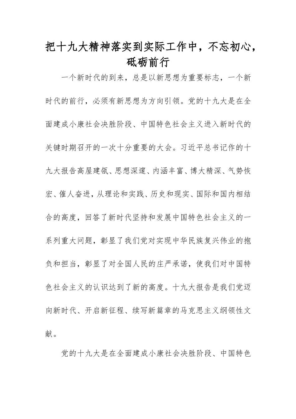 把党的十九大精神落实到实际工作中  学习总结_第1页
