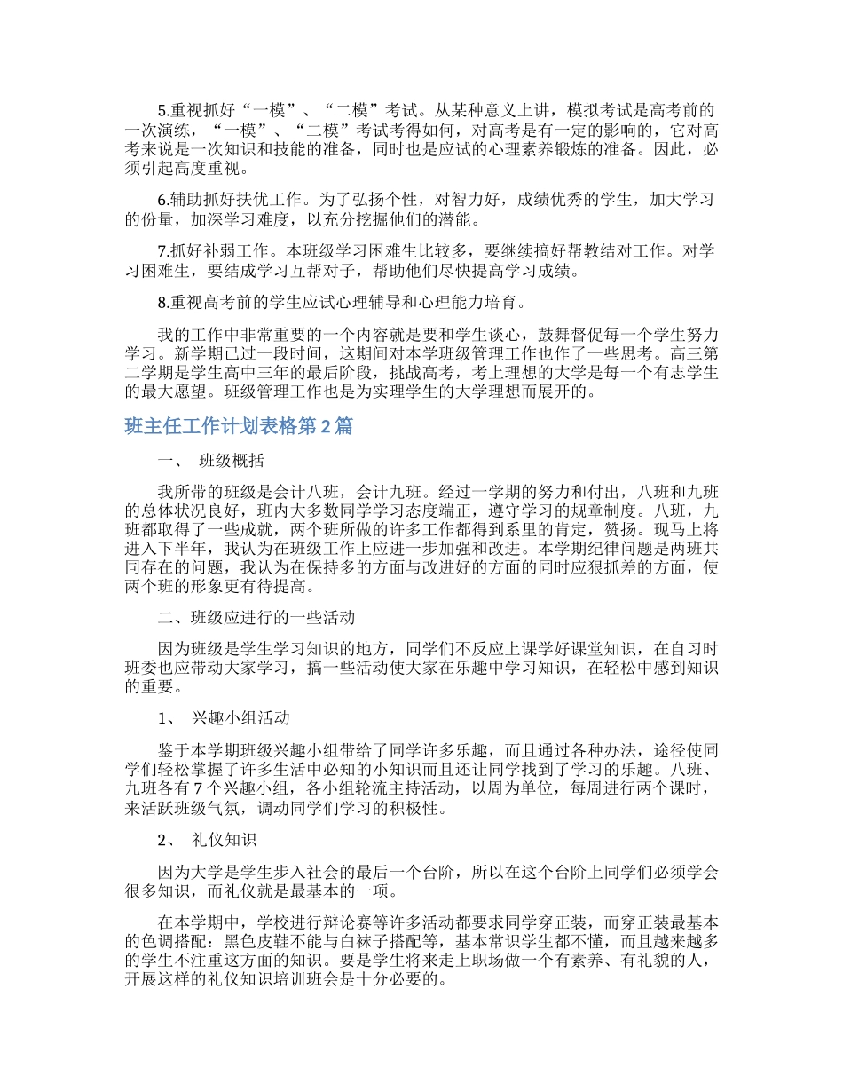 班主任工作计划表格4篇_第2页