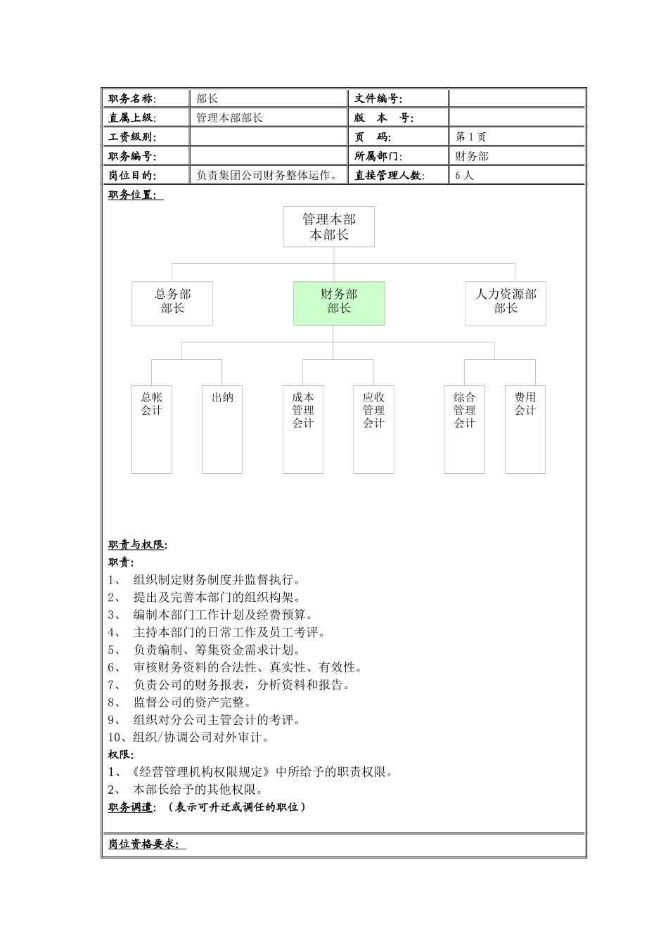 理想科学公司财务部部长岗位说明书_第1页