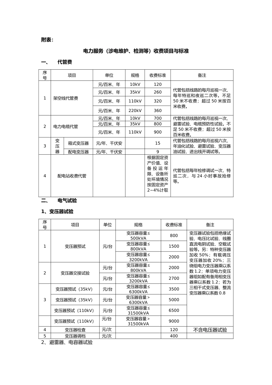 电力服务收费项目与标准_第1页