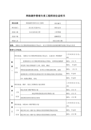 电力网络硬件管理专责工程师岗位说明书