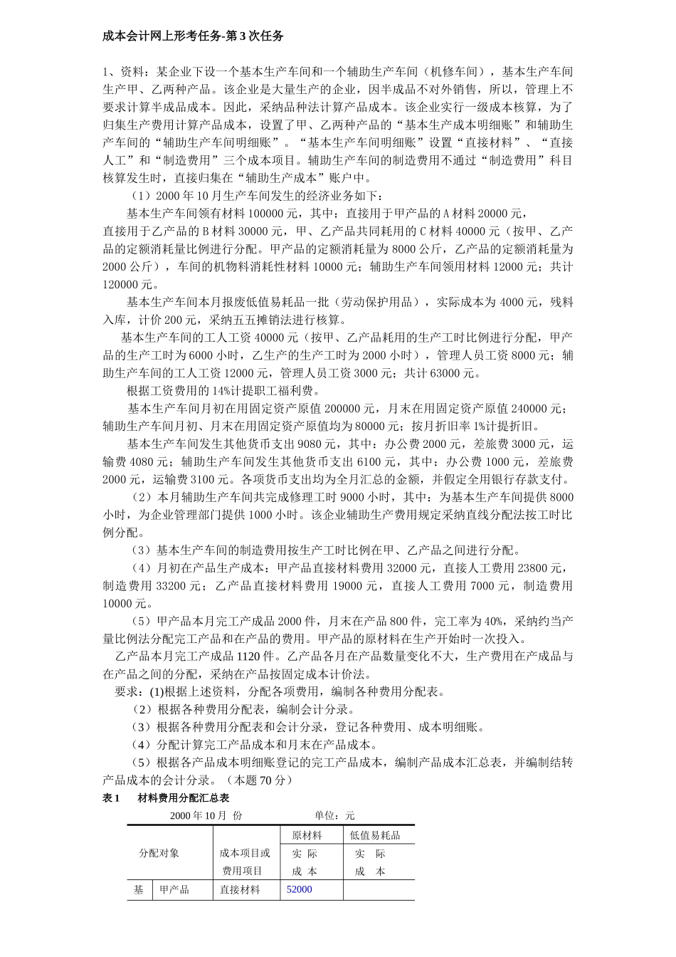 电大成本会计网上形考作业任务03_第1页