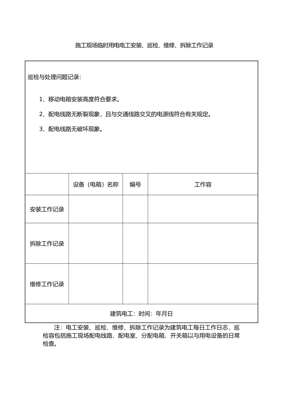电工安装、巡检、维修、拆除工作记录文本_第1页