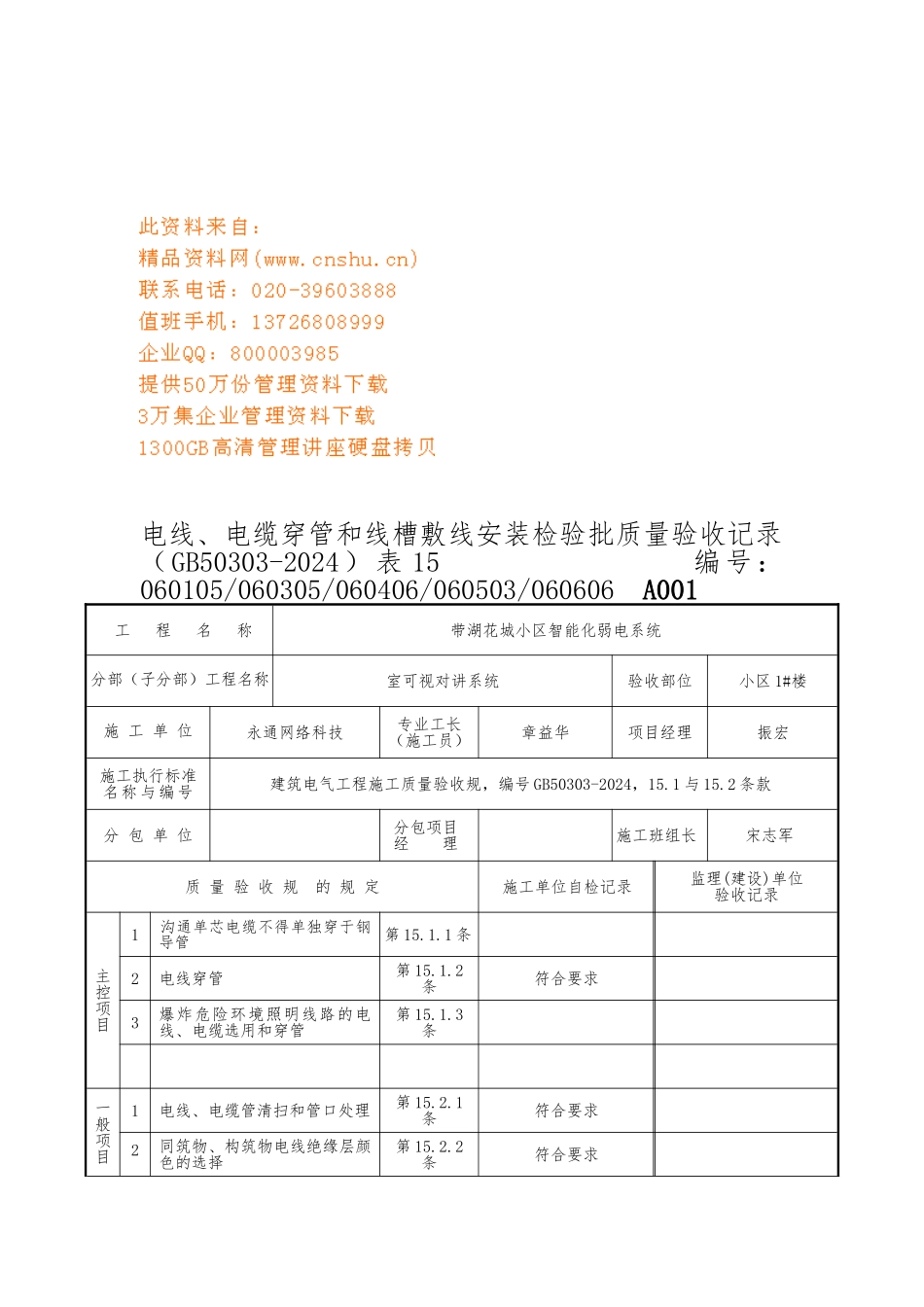 电线与电缆穿管安装检验批质量验收记录表_第1页