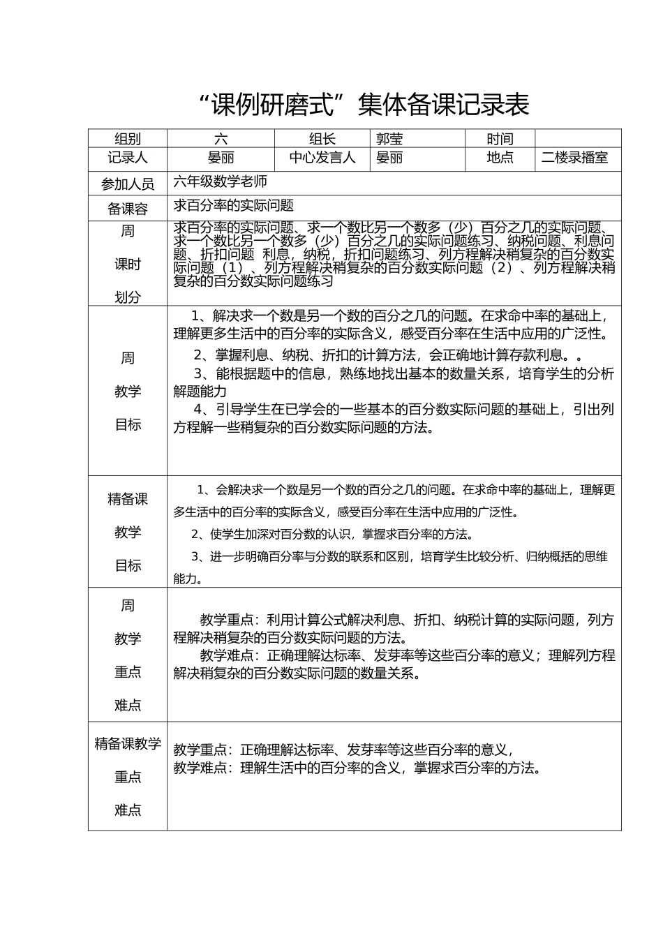 百分数的课例研磨式集体备课记录表_第1页