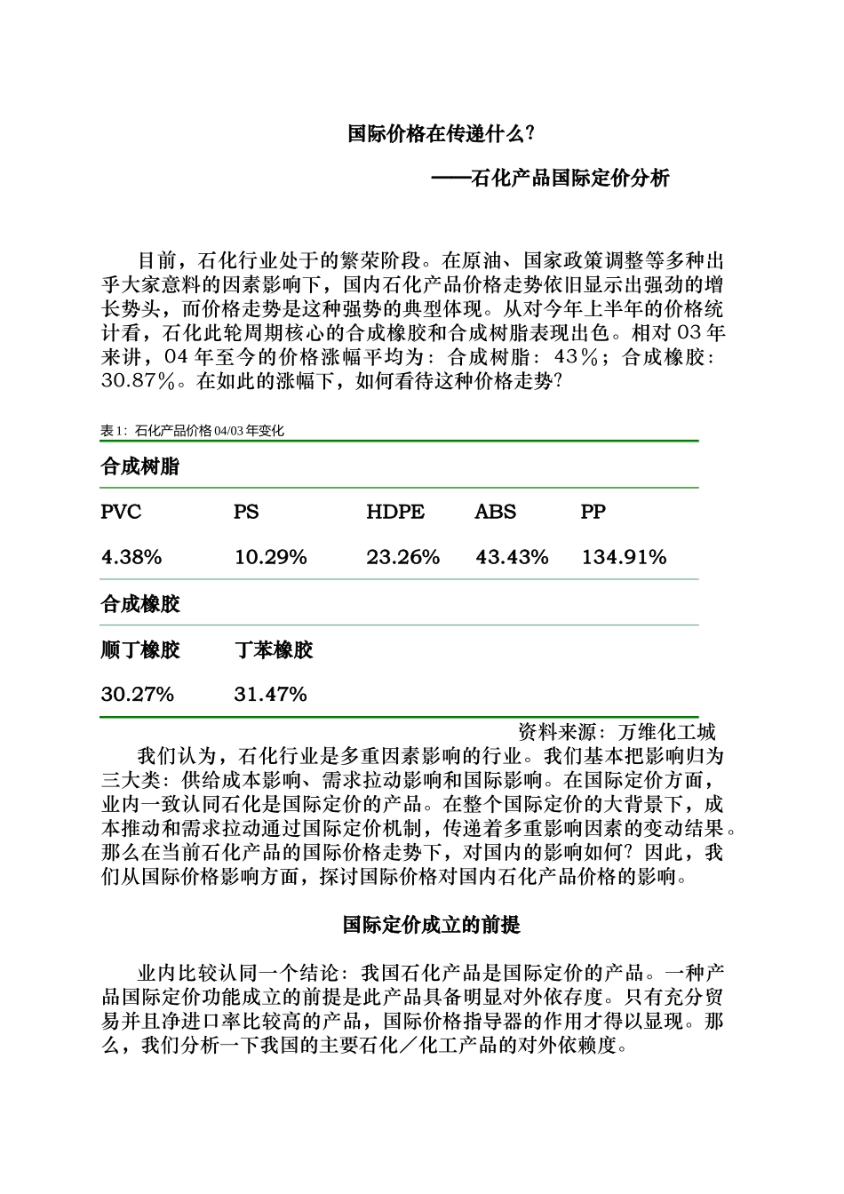 石化产品国际定价分析报告_第1页
