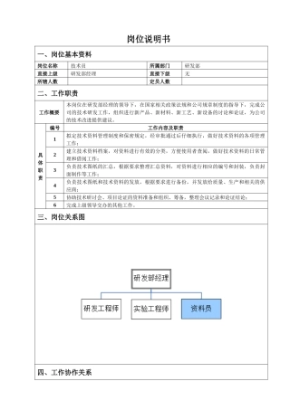 研发部资料员岗位说明书