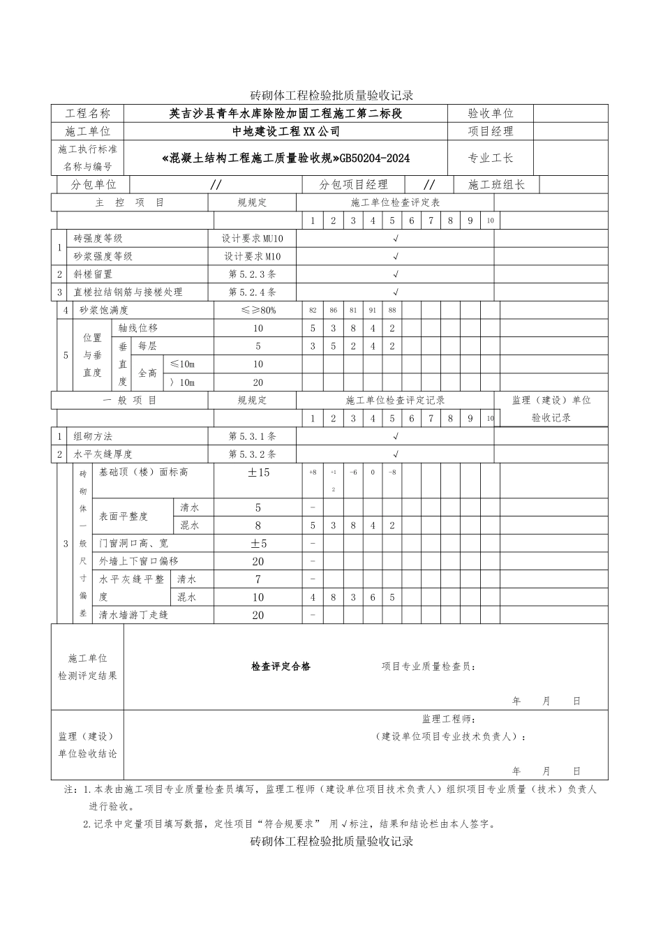 砖砌体工程检验批质量验收记录表_第1页