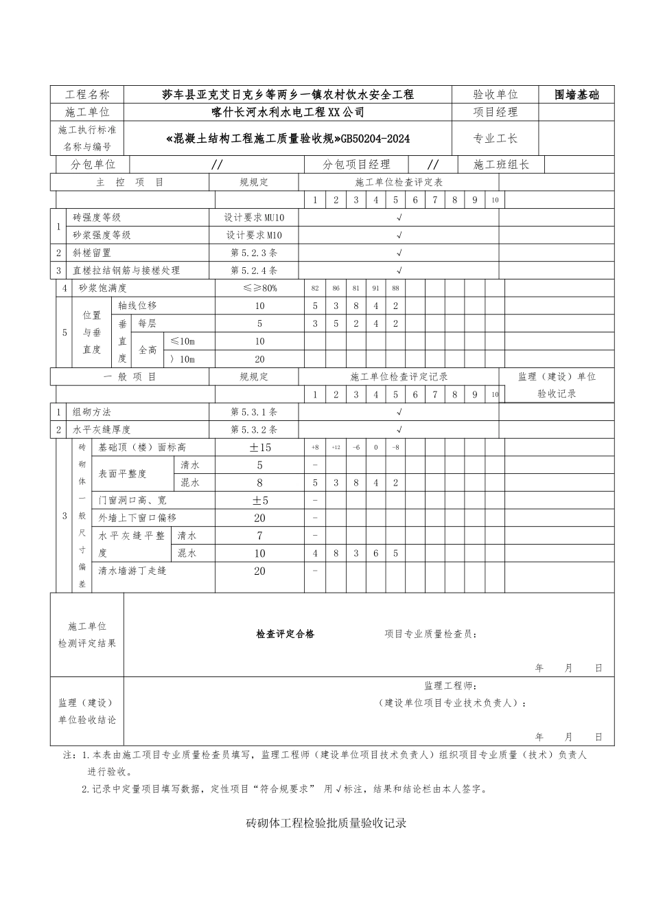 砖砌体工程检验批质量验收记录表_第2页