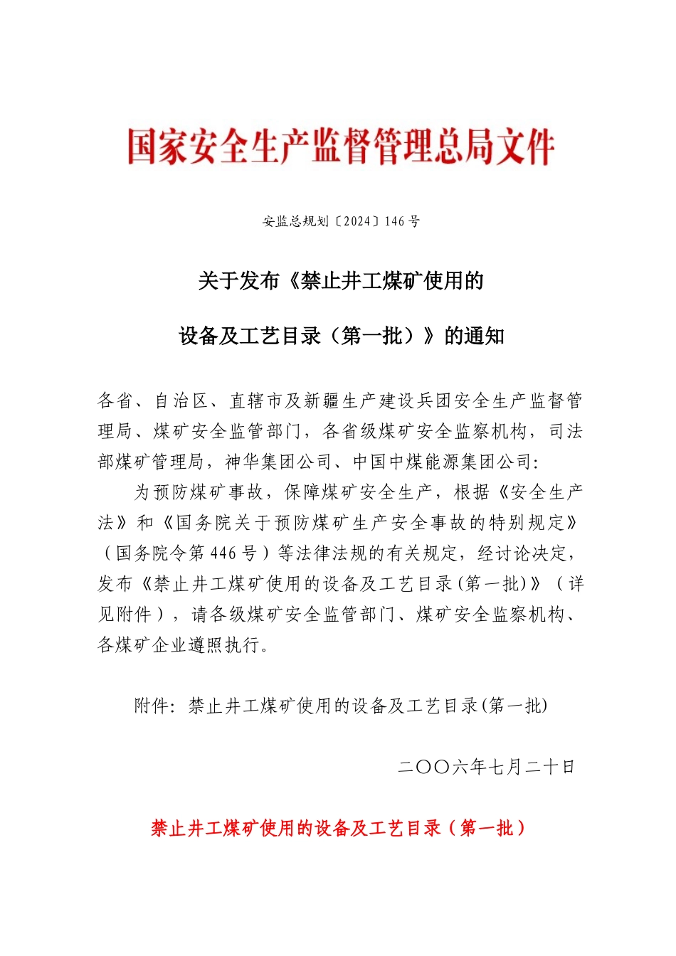 禁止井工煤矿使用的设备及工艺目录_第1页