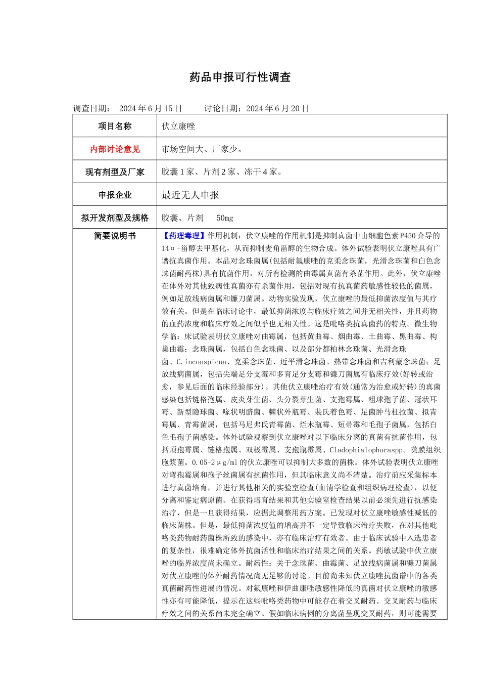 立项可行性调查表-伏立康唑_第1页