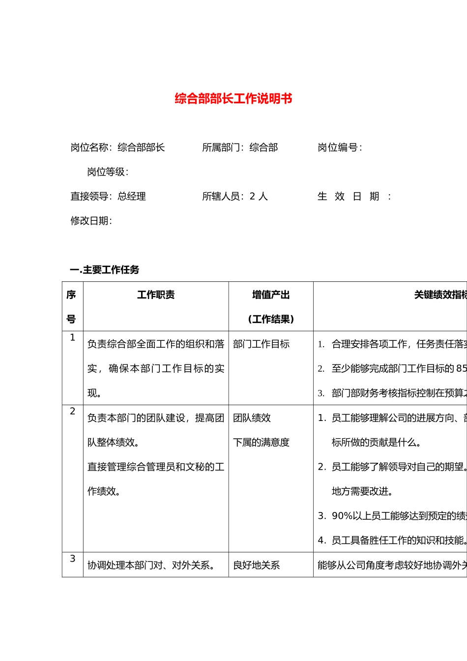 综合部部长工作说明书_第1页