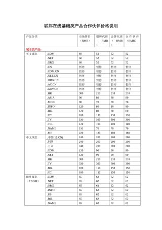 联邦在线基础类产品合作伙伴价格说明