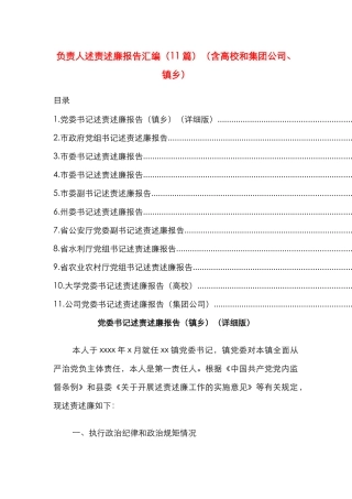 负责人述责述廉报告汇编（11篇）（含高校和集团公司、镇乡）