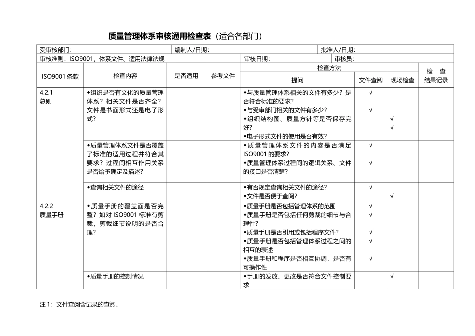 质量管理体系审核通用检查表(DOC32页)_第1页
