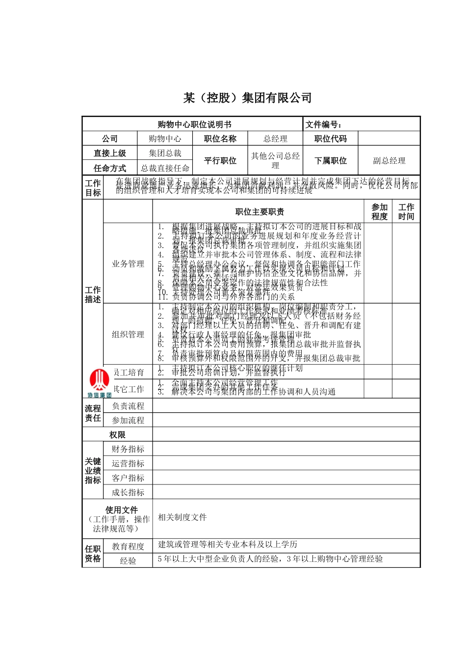 购物中心总经理岗位说明书_第1页