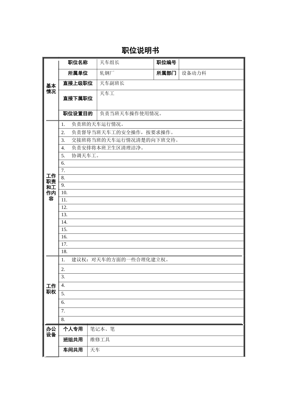 轧钢厂设备动力科天车组长职责说明书_第1页