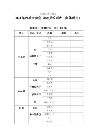 运动员签到表-集体项目