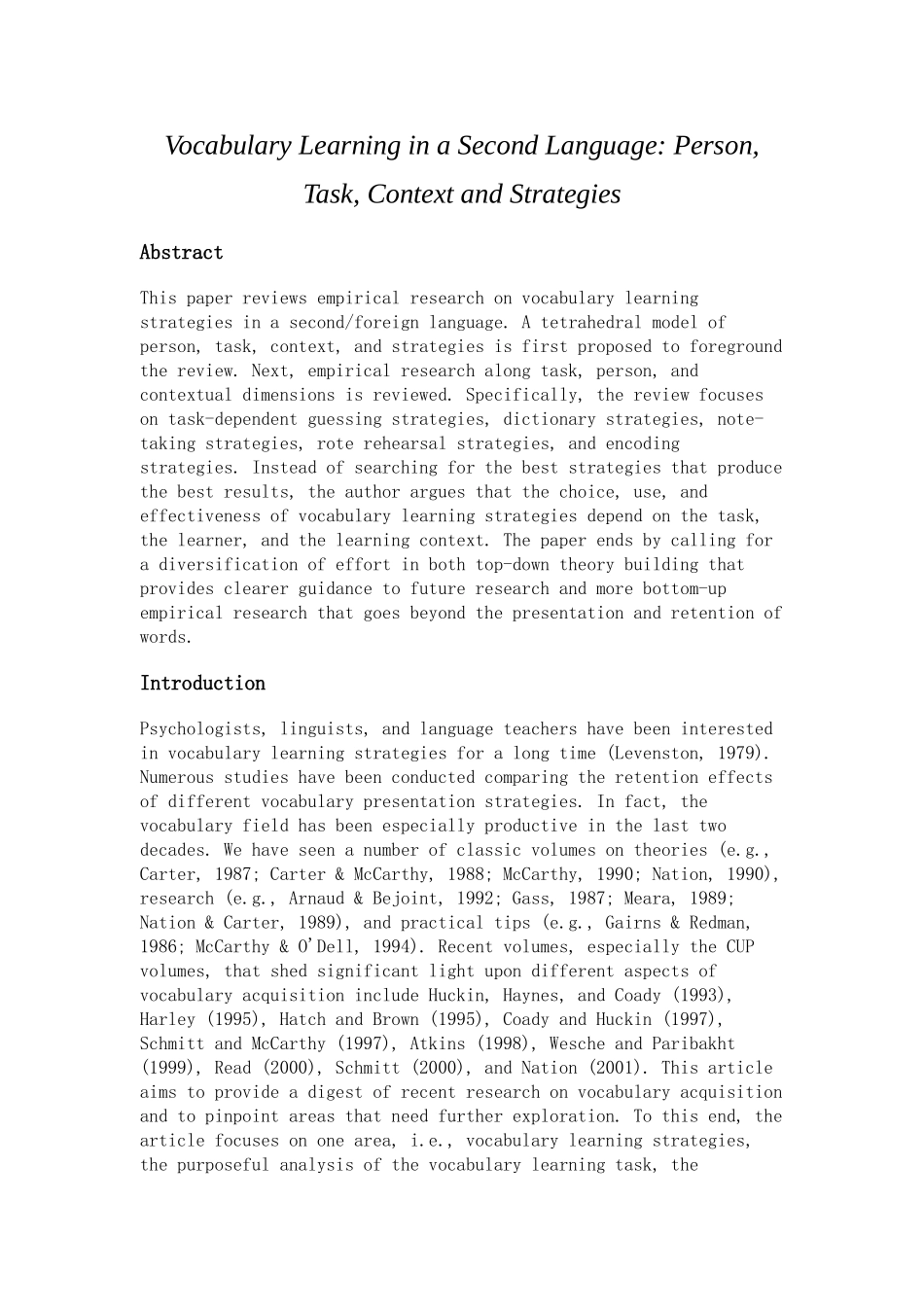 Vocabulary Learning in a Second Language Person, Task, Context and Strategies_第1页