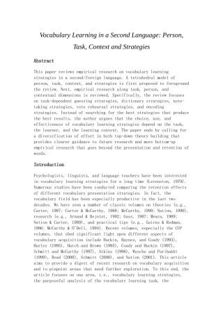 Vocabulary Learning in a Second Language Person, Task, Context and Strategies