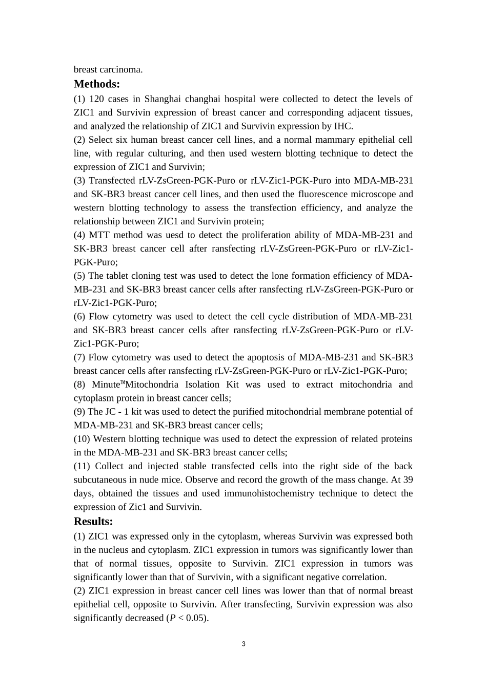 ZIC1基因过表达可通过下调Survivin基因抑制乳腺癌的生长  生物学专业_第3页