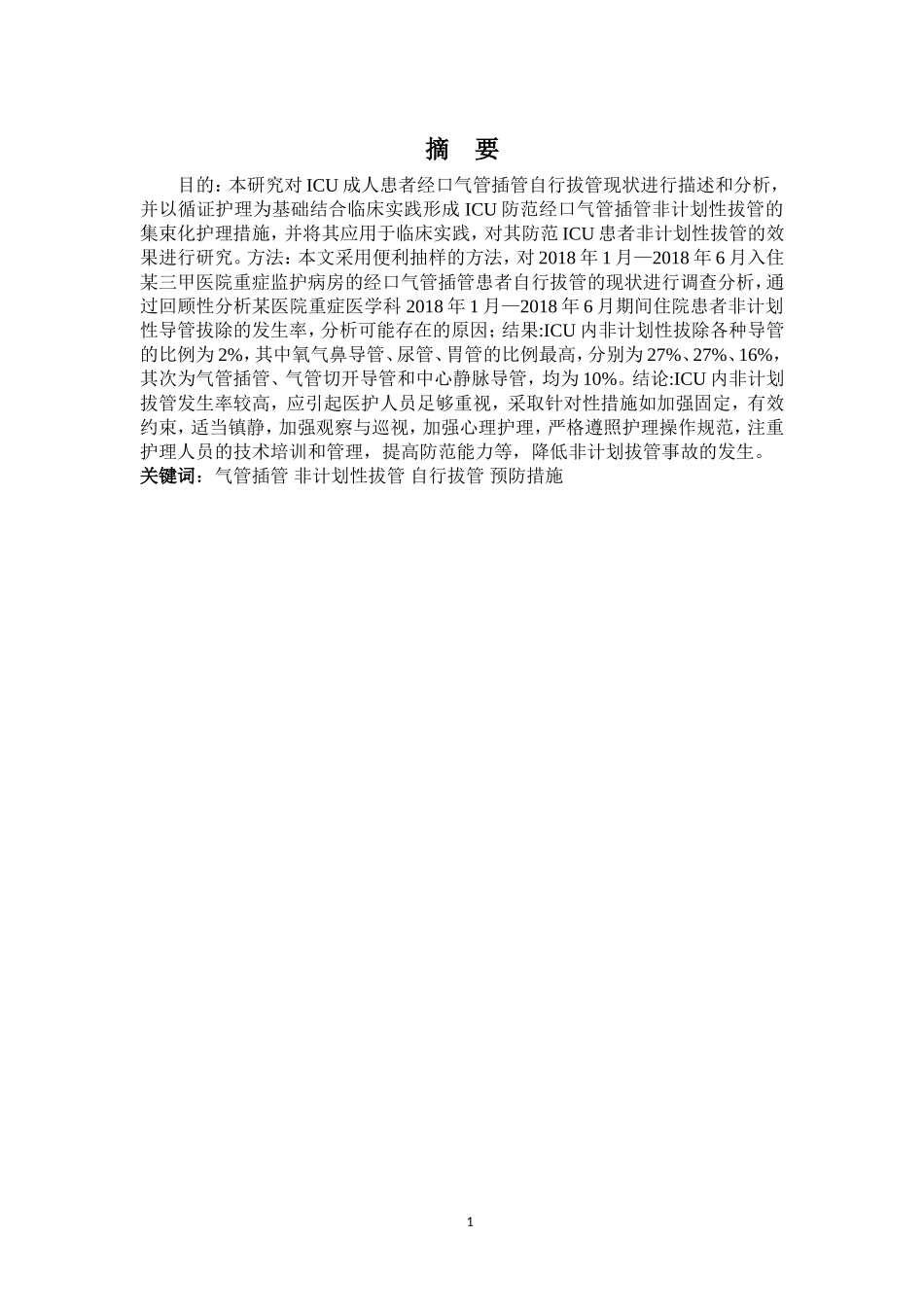 ICU非计划性拔管的原因分析及护理对策  临床医学专业_第1页