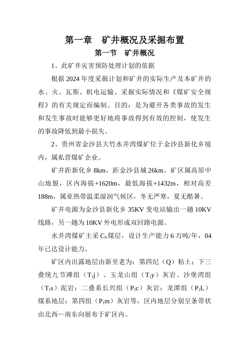 金沙县大竹水井湾煤矿X年度灾害预防处理计划_第3页
