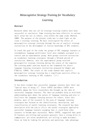 Metacognitive Strategy Training for Vocabulary Learning