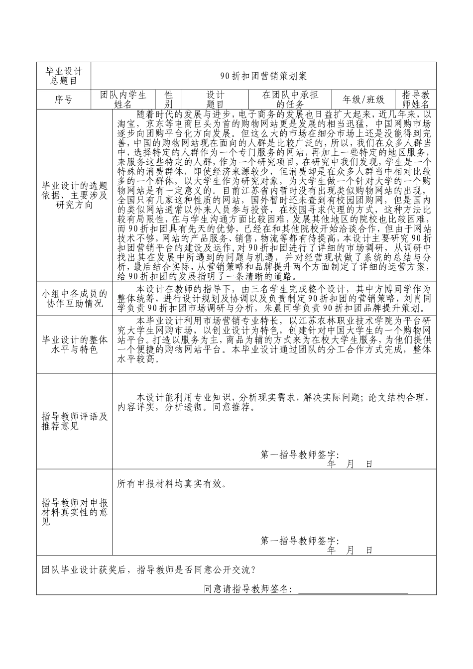 江苏农林职业技术学院团队优秀毕业设计推荐表_第2页