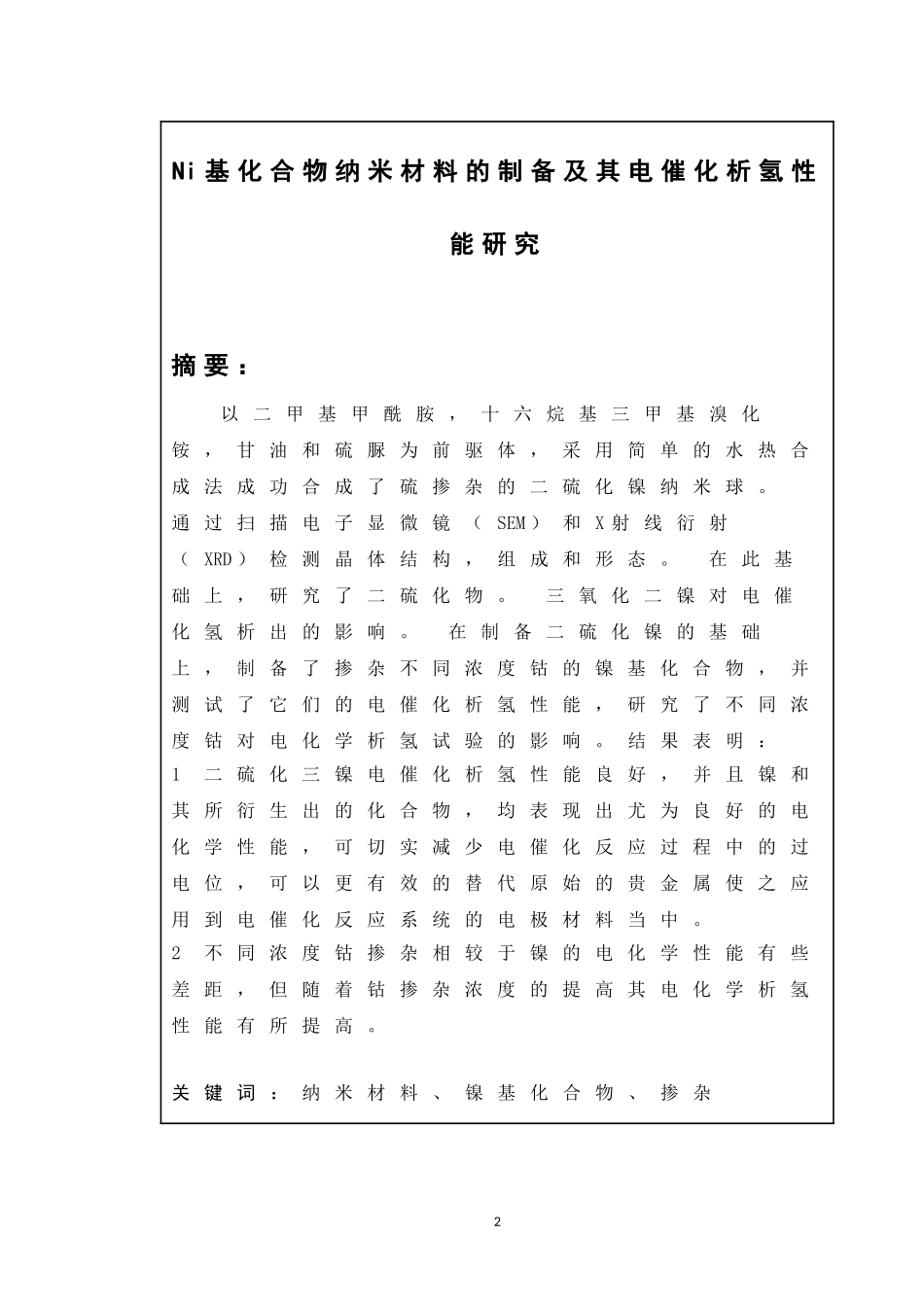 Ni基化合物纳米材料的制备及其电催化析氢性能研究电子材料和器械专业_第2页