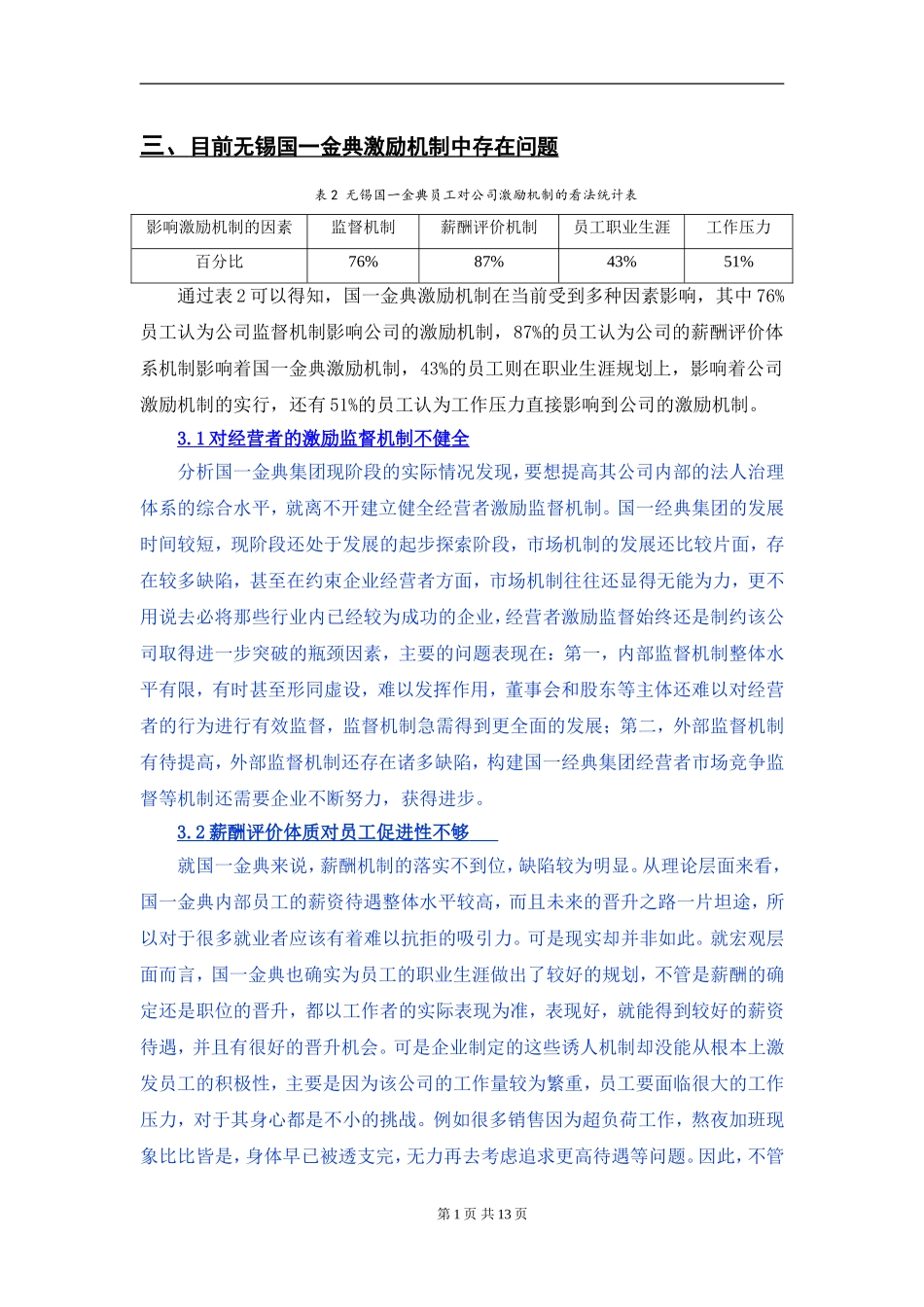 金典激励机制中存在问题及对策分析_第1页