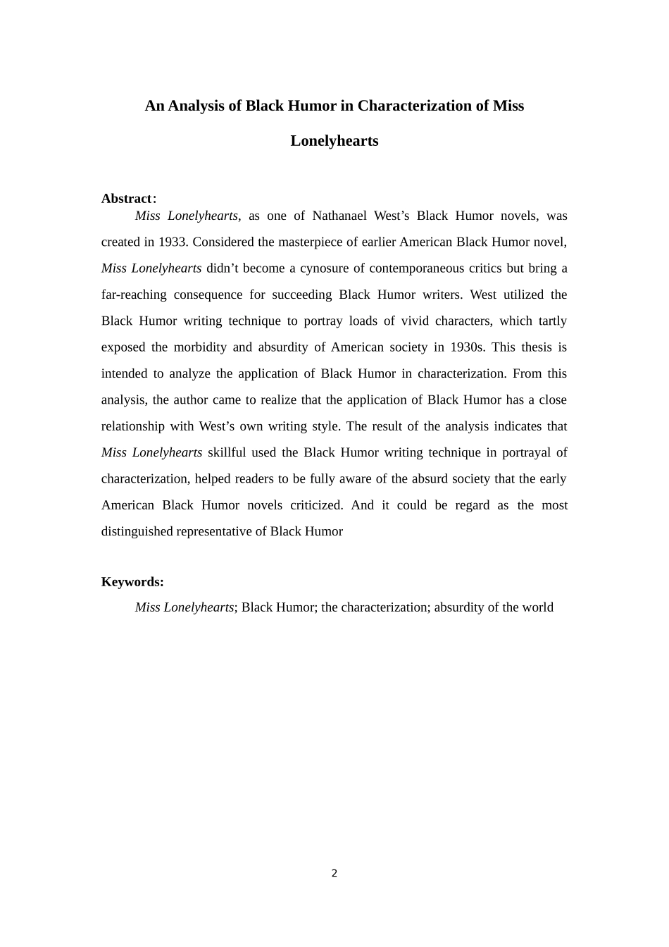 《寂寞芳心小姐》中黑色幽默手法在人物刻画形象上的应用  英语学专业_第2页