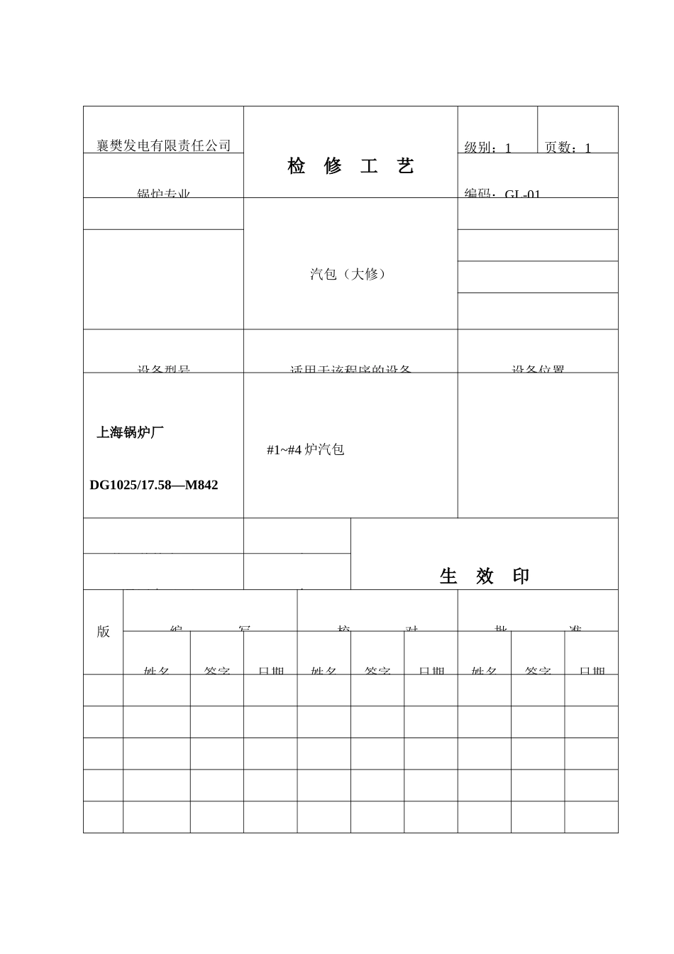 锅炉检修工艺卡-汽包_第1页