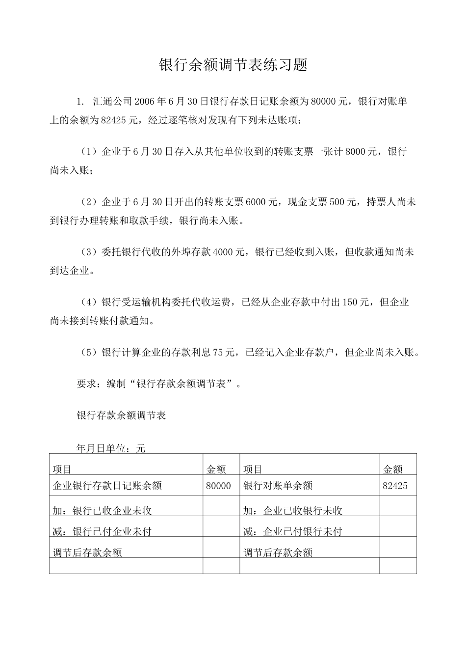 银行存款余额调节表练习_第1页