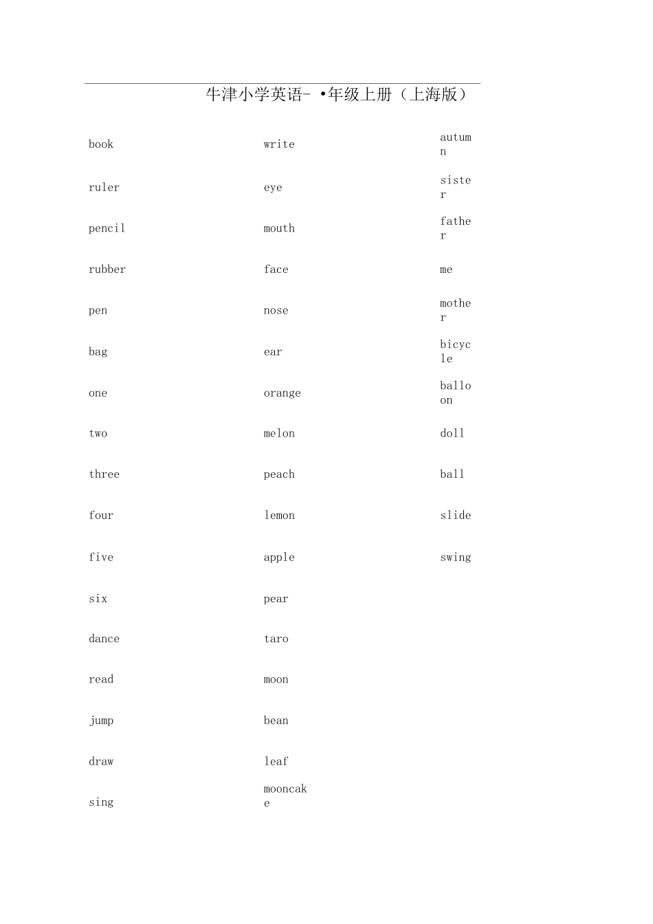 牛津小学英语一年级上册单词表_第1页