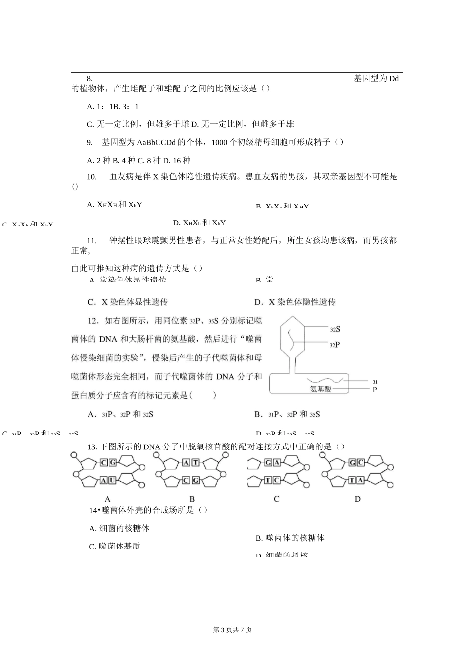 高中生物必修二期中测试题_第3页
