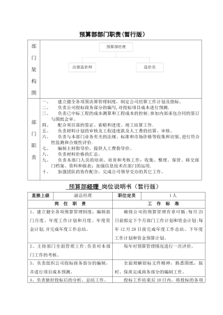预算部经理-岗位说明书