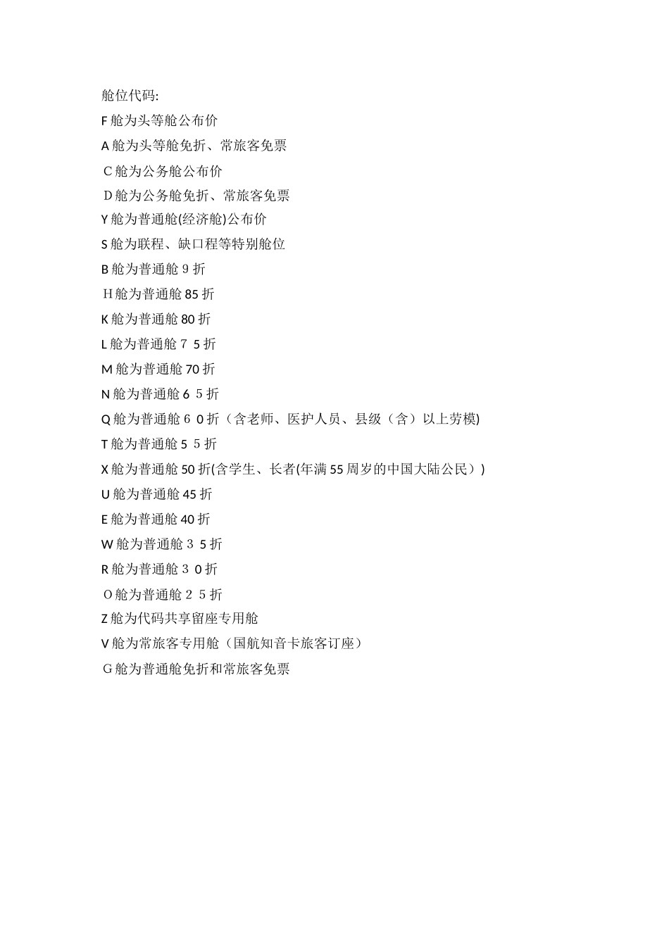 飞机座位等级、舱位代码-航位等级_第1页