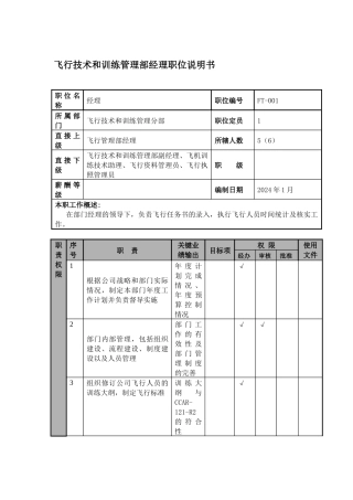 飞行技术和训练管理部经理职位说明书及关键绩效标准