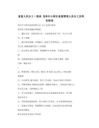 食堂人员分工一览表+龙亭中小师生食堂管理人员分工及岗位职责