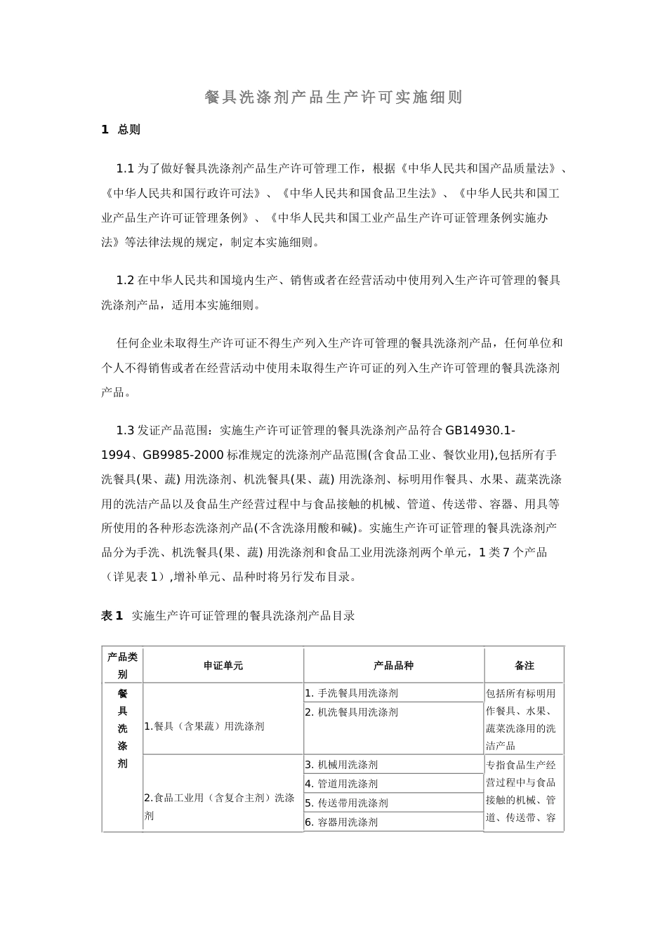 餐具洗涤剂产品生产许可实施细则详述_第1页