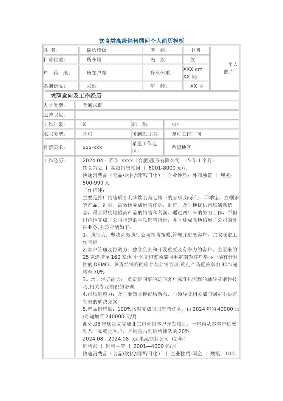 饮食类高级销售顾问-个人简历模板_第1页