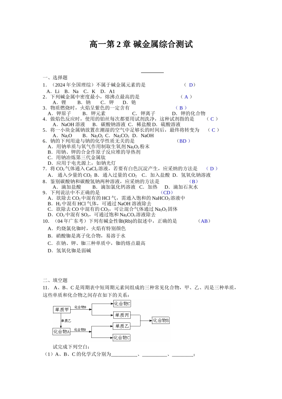 高一第2章 碱金属综合测试_第1页